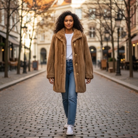 Vintage 70s Dubrowsky & Perlbinder Faux Fur Coat Brown Mid-Length NYC Designer - Picture 1 of 8